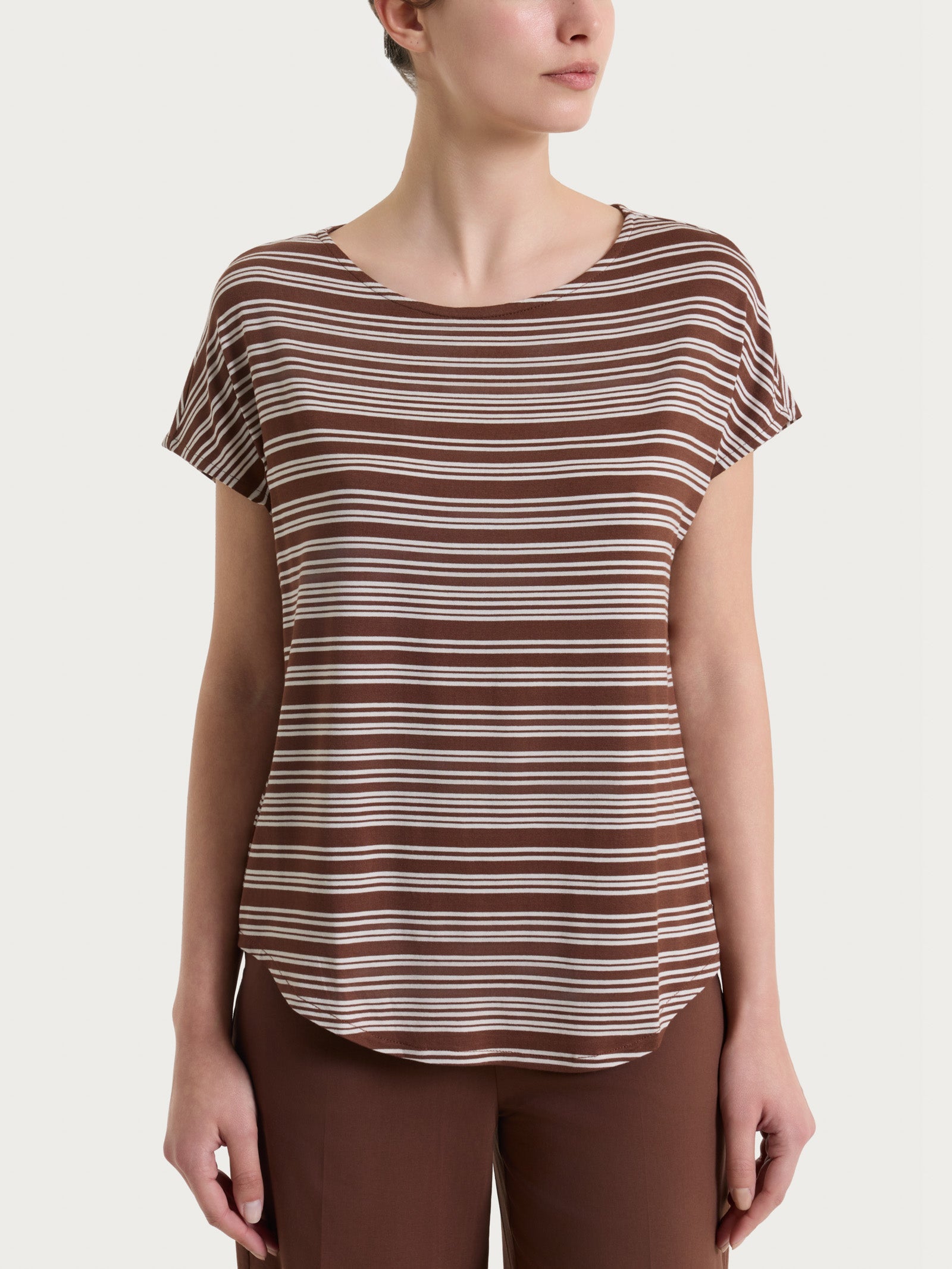 Maglietta girocollo a righe alternate in Viscosa Summer